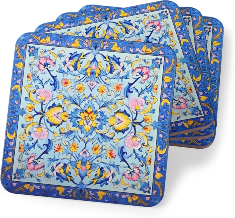 Four Pieces Ramadan Persian Patterns Vintage Floral Rubber Coasters â€“ Elegant, Heat-Resistant & Waterproof Drink Rubber Coasters, Coaster Tea Cups - Coffee Mugs and Glasses Coaster-161